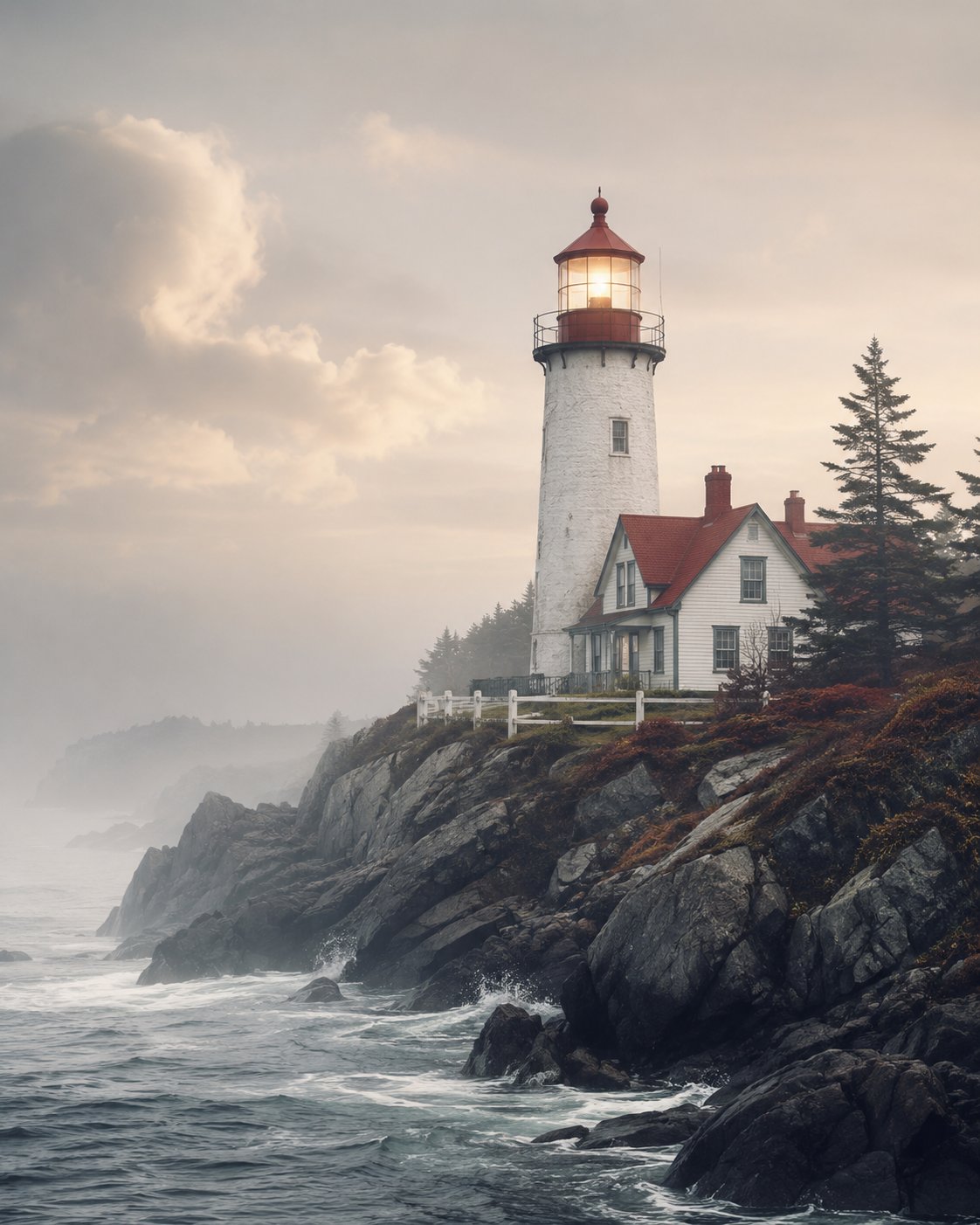 New England lighthouse in the fog